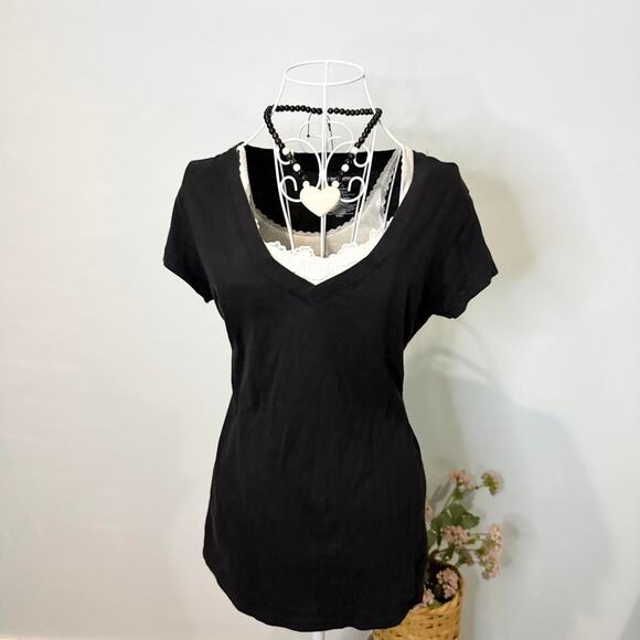 Y2K vintage black tight layering v-neck tee - Picture 1 of 5